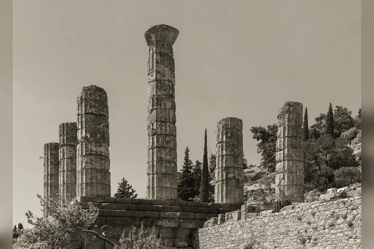 Ruins of the temple of Apollo at Delphi, with the valley of Phocis in the background
