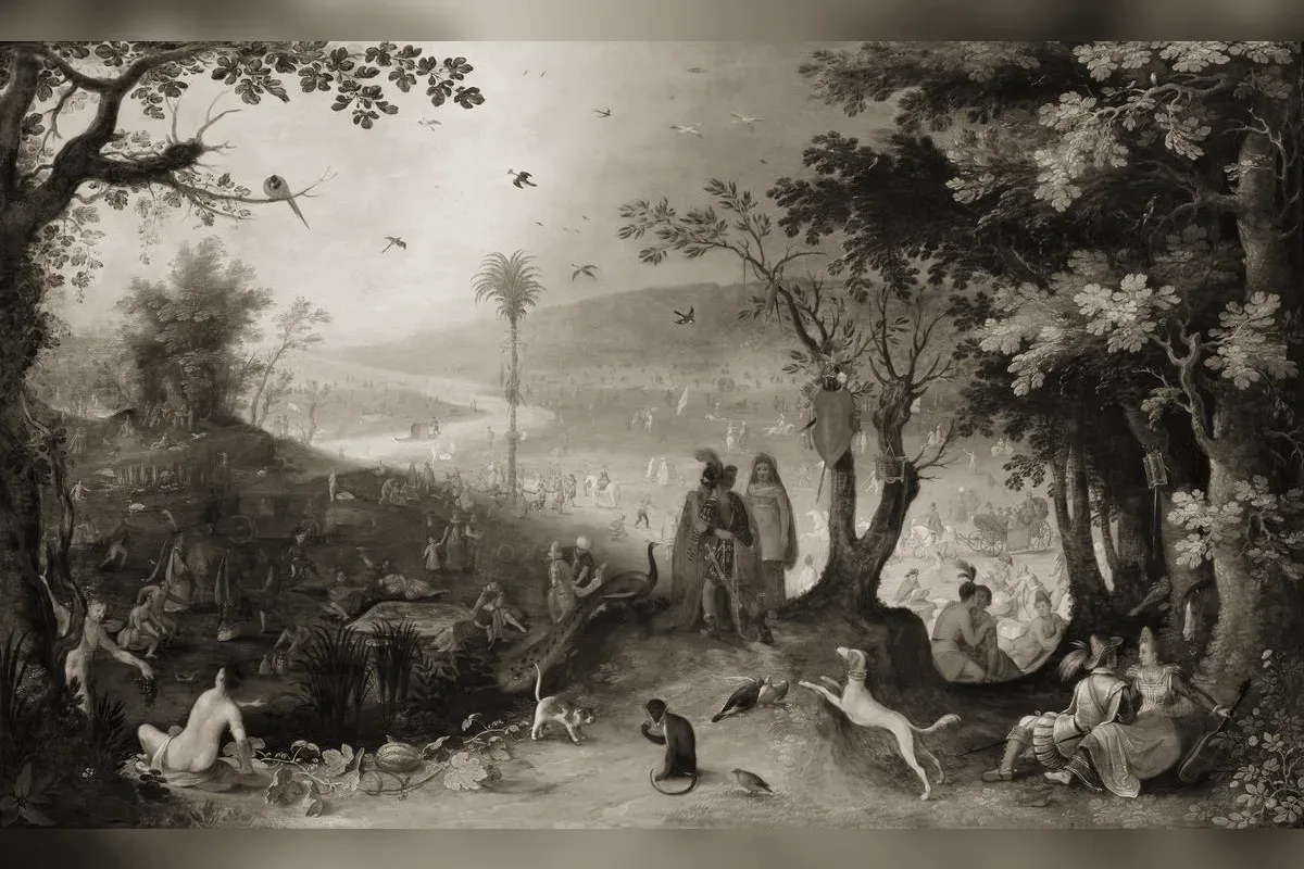 Paysage serein et verdoyant évoquant les Champs Élysées de la mythologie grecque