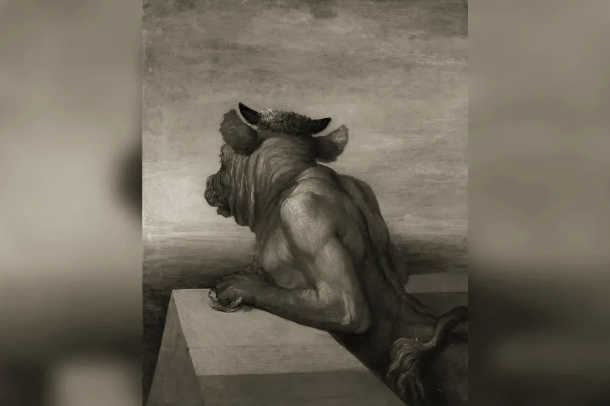 Le Minotaure, créature à tête de taureau et corps d'homme, représentation sur un vase grec antique