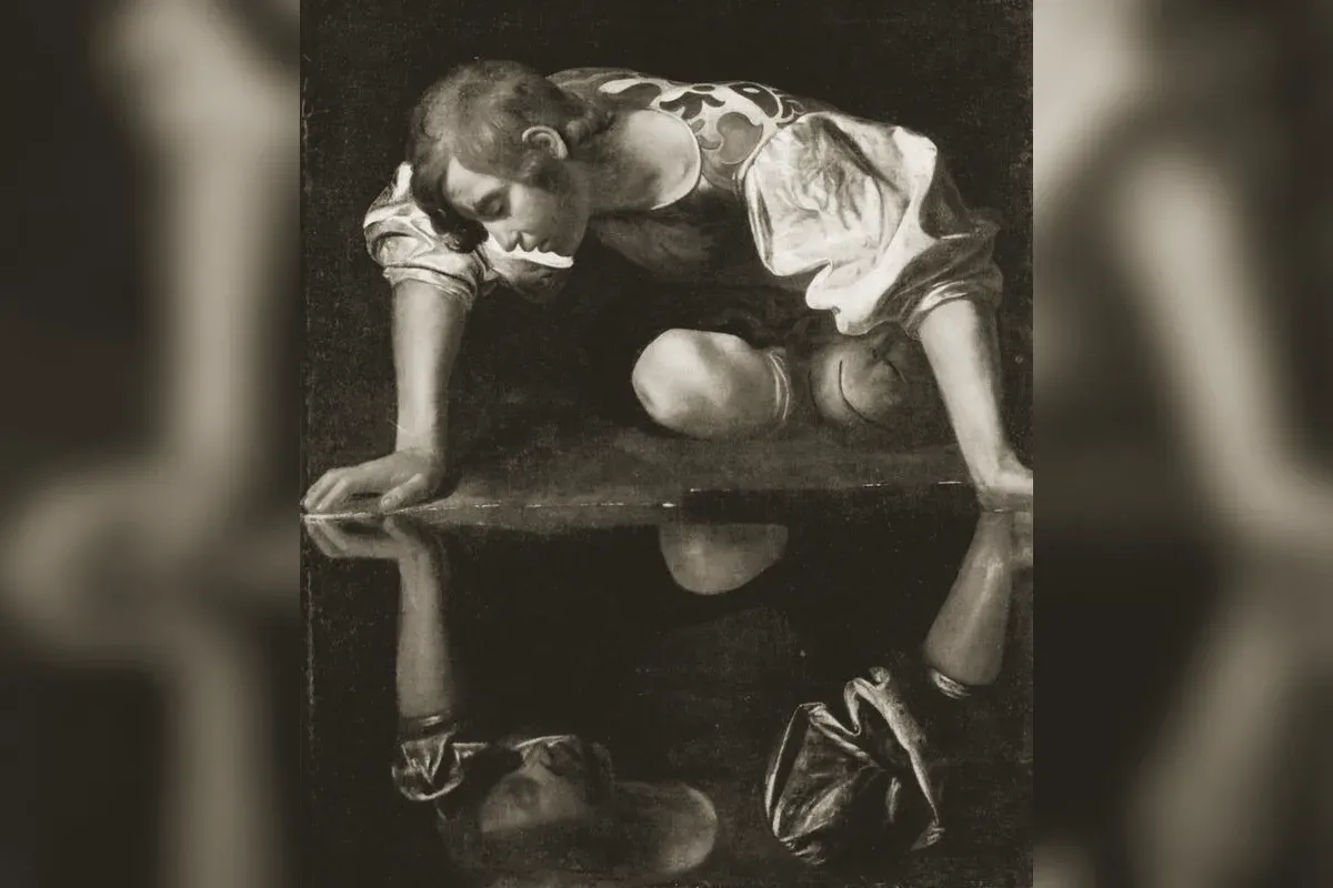 Narcisse penché sur une source, contemplant son propre reflet, tableau de la Renaissance