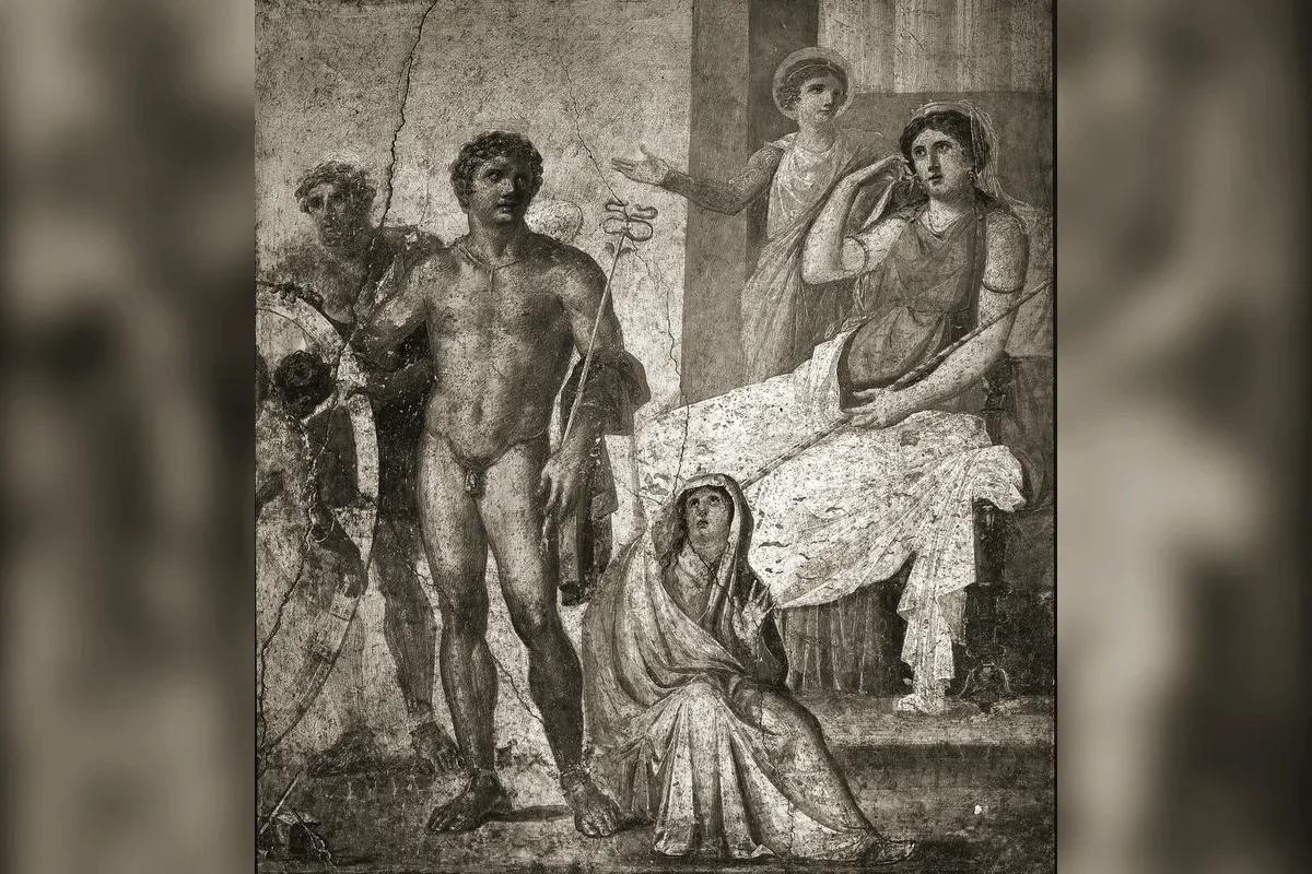 Nephele seated and veiled at the foot of Ixion's punishment, fresco from the House of the Vettii, Pompeii