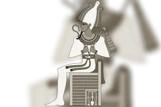 Osiris in mummy form, holding the heqa sceptre and flail, wearing the Atef crown