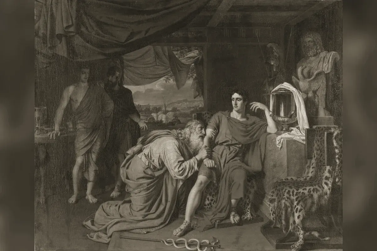 Priam agenouillé suppliant Achille de lui rendre le corps d'Hector, peinture d'Alexandre Ivanov