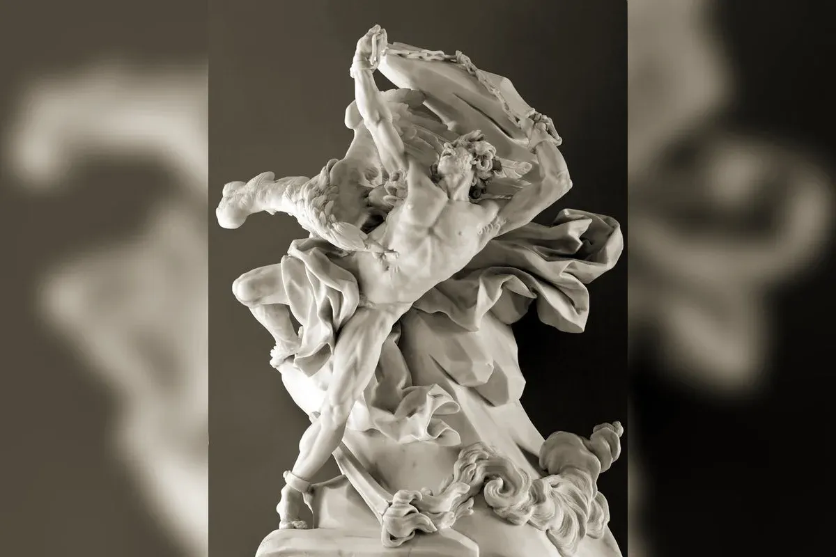 Prometheus chained to a rock in the Caucasus, an eagle tearing at his liver, ancient sculpture