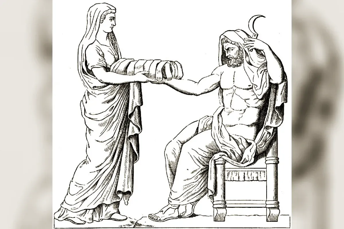 Rhéa présentant à Cronos la pierre emmaillotée à la place de Zeus, dessin d'après le bas-relief d'un autel romain