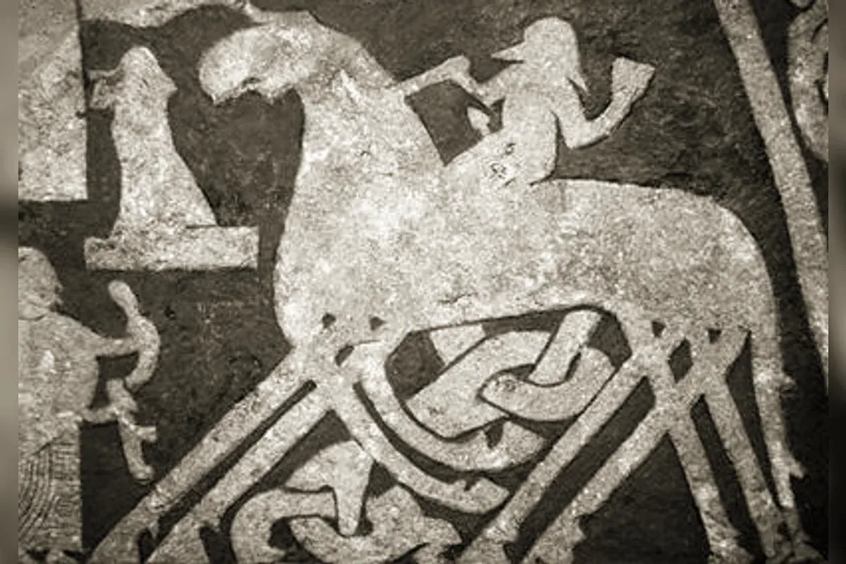 Odin monté sur Sleipnir, le cheval gris à huit pattes, gravure du XIXe siècle