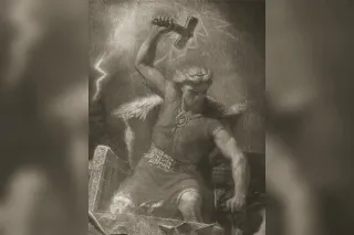 Thor wielding his hammer Mjöllnir in storm clouds, 19th-century romantic painting