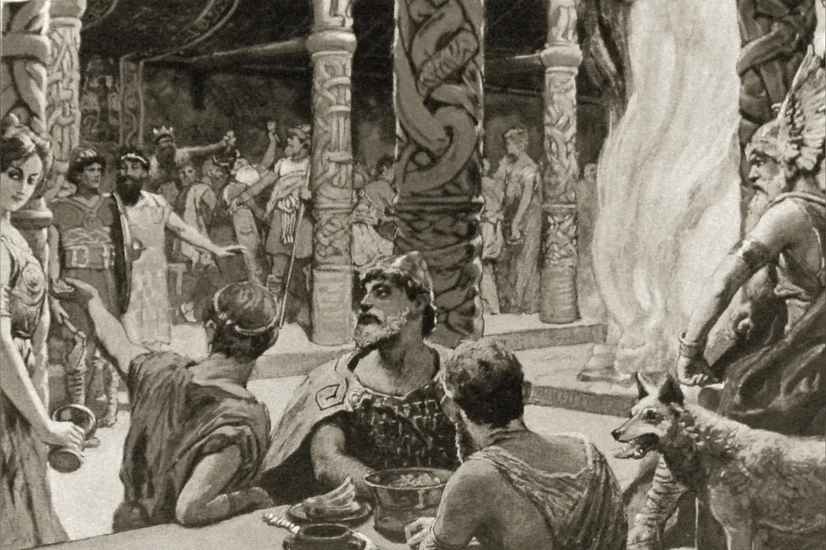Grand hall of Asgard filled with feasting warriors, Romantic 19th-century depiction of Valhalla
