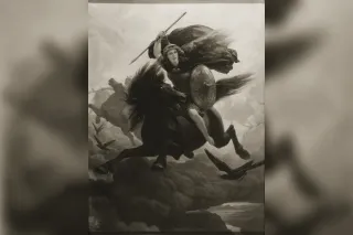 Valkyries riding above a battlefield, Romantic Norse art