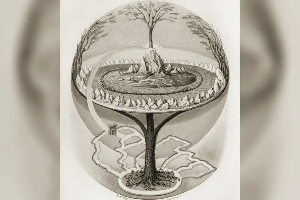 Yggdrasil, l'arbre cosmique avec ses racines dans les trois puits et ses branches portant les neuf mondes